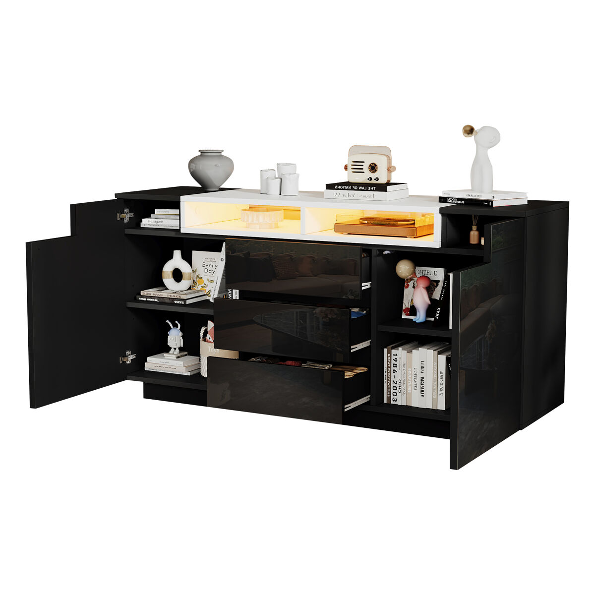 Aparador de panel de partículas con 2 puertas,3 cajones y luz led,negro