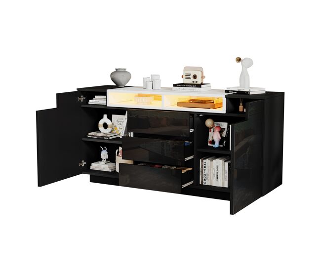 Aparador de panel de partículas con 2 puertas,3 cajones y luz led,negro