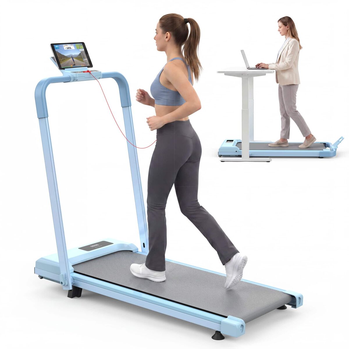 Cinta de correr 2 en 1 - compacta, inclinada y portátil, hasta 120 kg - azul