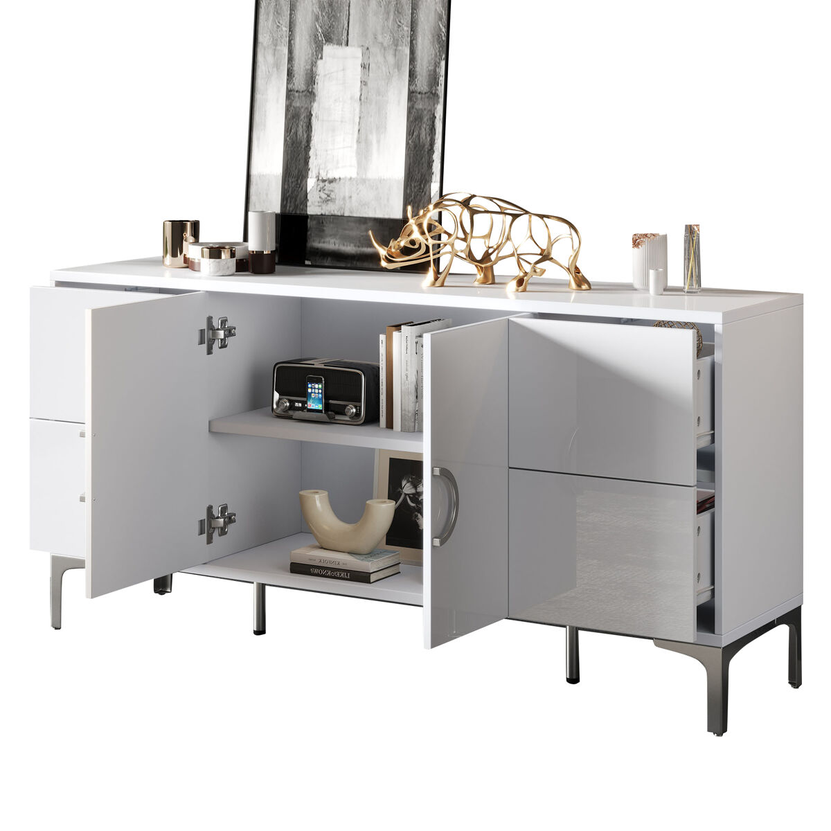 Aparador de mdf con 2 puertas y 4 cajones,blanco