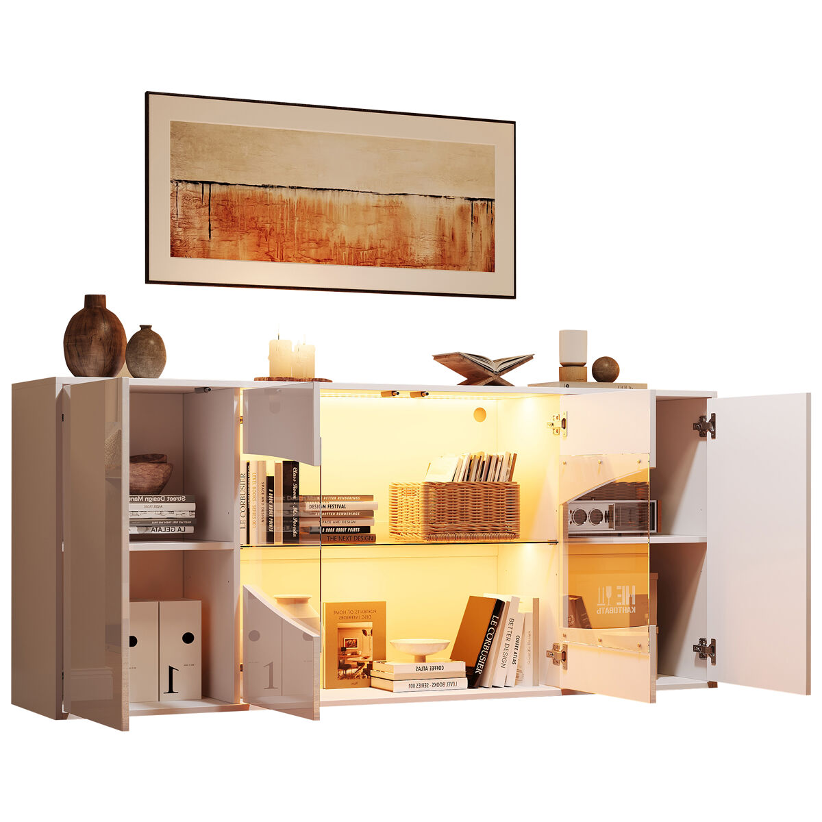 Aparador de mdf con 4 puertas y luz led,blanco