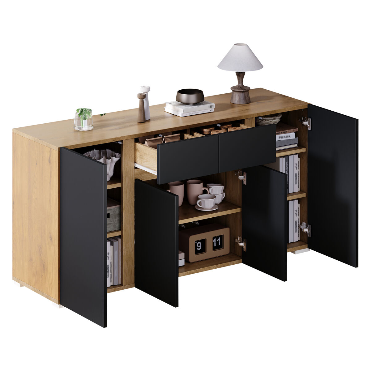 Aparador de mdf con 4 puertas y 2 cajones,madera+negro
