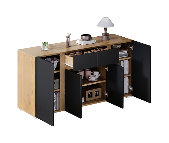 Aparador de mdf con 4 puertas y 2 cajones,madera+negro