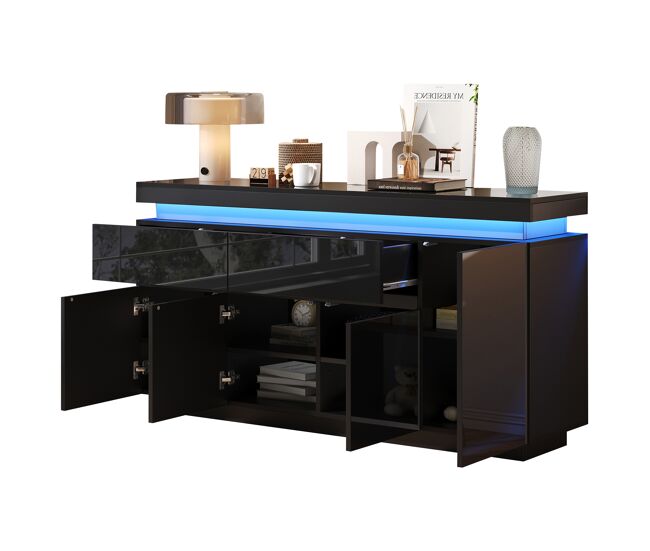 Aparador de panel de partículas con 4 puertas,2 cajones y luz led,negro