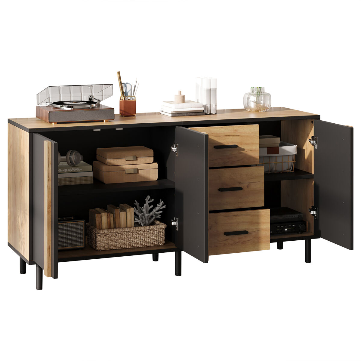 Aparador de mdf con 3 puertas y 3 cajones,madera+negro