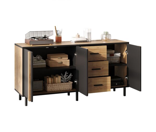 Aparador de mdf con 3 puertas y 3 cajones,madera+negro