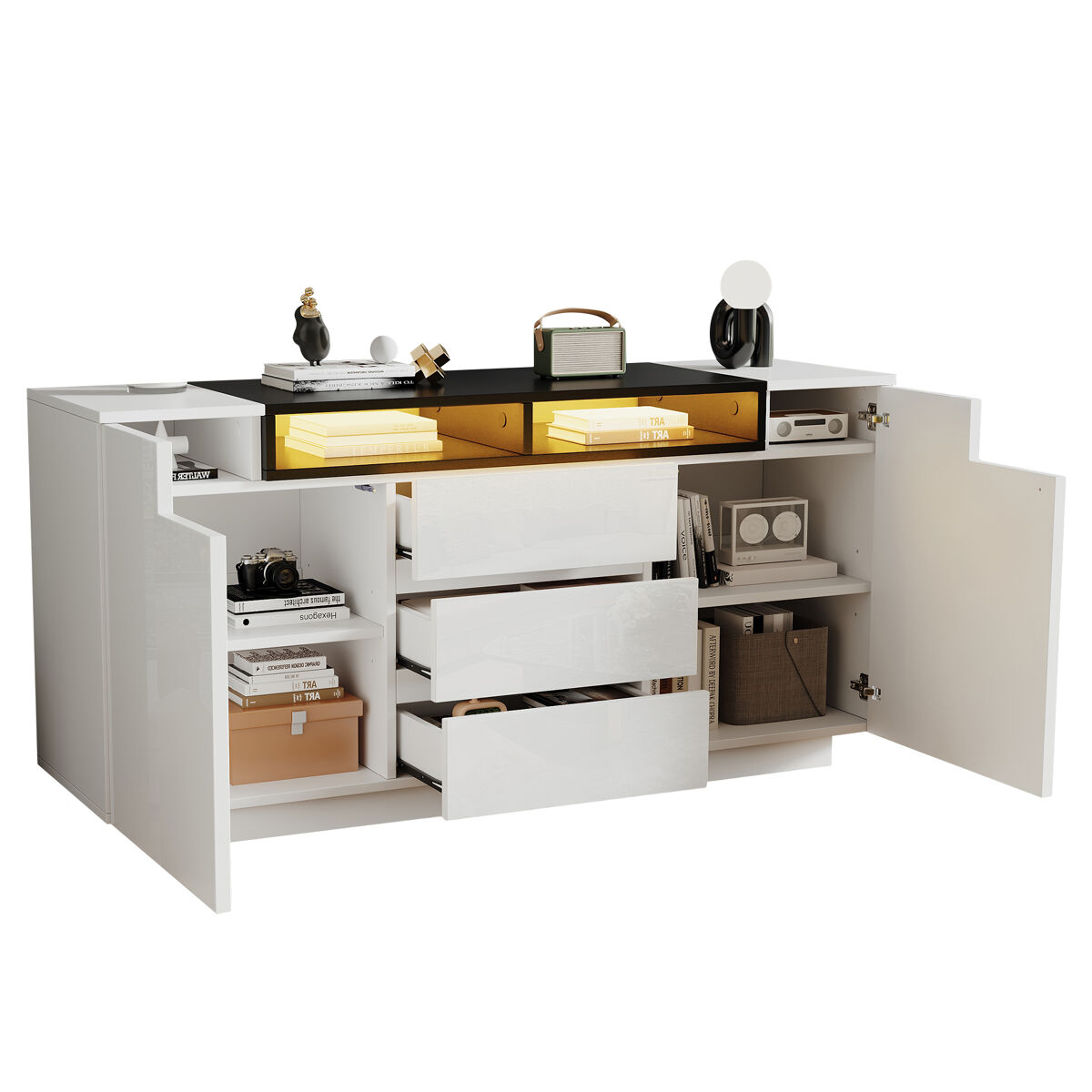 Aparador de panel de partículas con 2 puertas,3 cajones y luz led,blanco