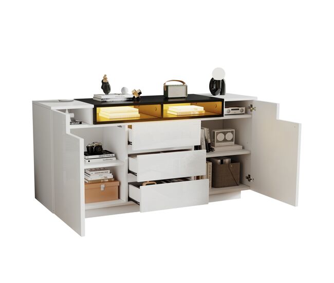 Aparador de panel de partículas con 2 puertas,3 cajones y luz led,blanco