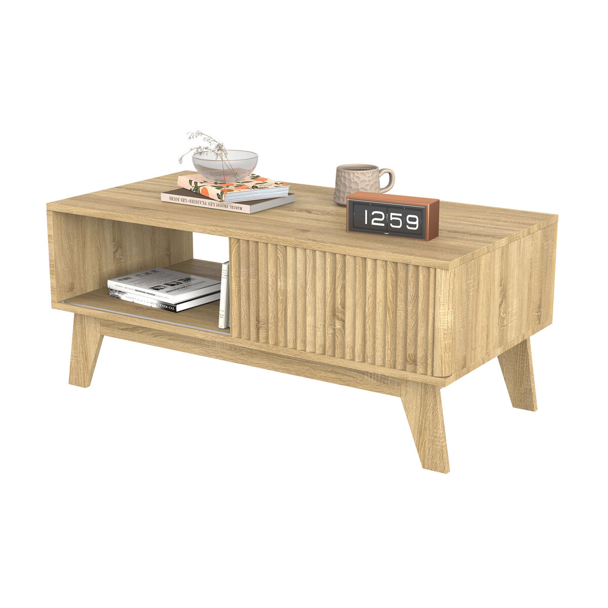 mesa de centro con puerta corredera acanalada estilo nordico acabado imitacion roble doble espacio de almacenamiento