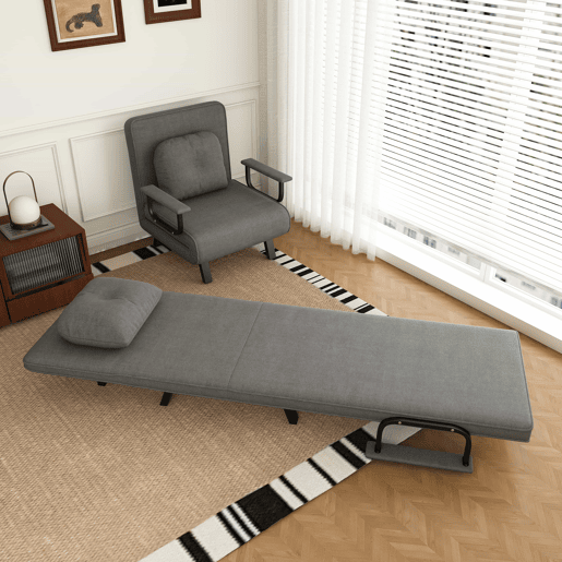 Poltrona reclinável 60 × 60 × 79 cm u2013 encosto ajustável em 5 posições, tecido chenilla, apoios dobráveis e posição de cama a 180° u2013 Cinzento Poltrona reclinável 60 × 60 × 79 cm u2013 encosto ajustável em 5 posições, tecido chenilla, apoios dobráveis e posição de cama a 180° u2013 Cinzento