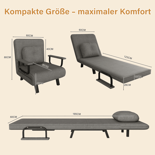 Poltrona reclinável 60 × 60 × 79 cm u2013 encosto ajustável em 5 posições, tecido chenilla, apoios dobráveis e posição de cama a 180° u2013 Cinzento Poltrona reclinável 60 × 60 × 79 cm u2013 encosto ajustável em 5 posições, tecido chenilla, apoios dobráveis e posição de cama a 180° u2013 Cinzento