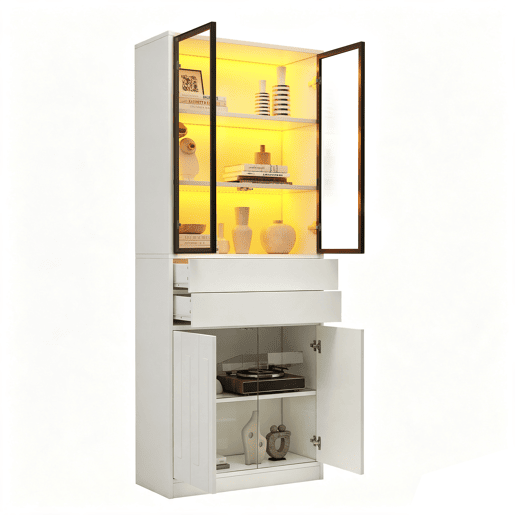 Vitrine de painel de partículas com 4 portas,2 gavetas e luz led,branco Vitrine de painel de partículas com 4 portas,2 gavetas e luz led,branco