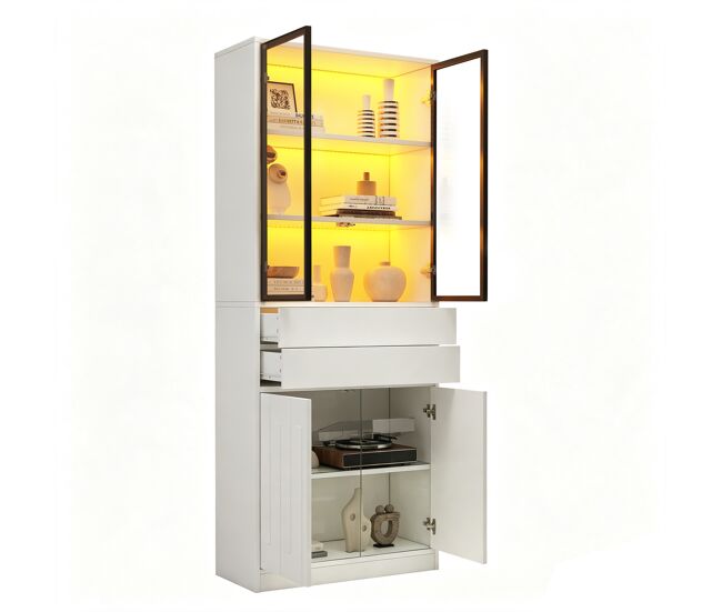 Vitrina de panel de partículas con 4 puertas,2 cajones y luz led,blanco