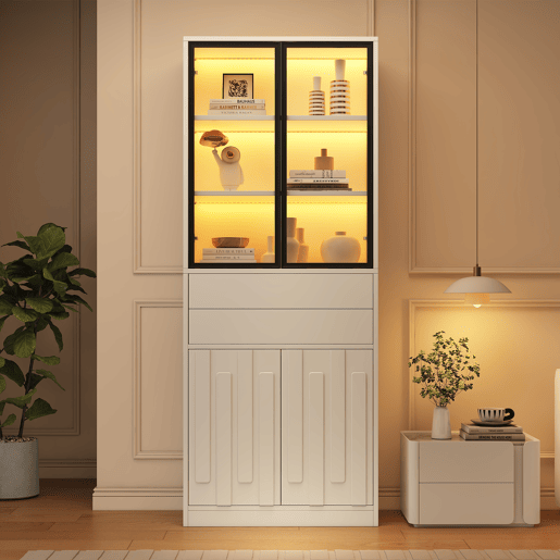 Vitrine de painel de partículas com 4 portas,2 gavetas e luz led,branco Vitrine de painel de partículas com 4 portas,2 gavetas e luz led,branco