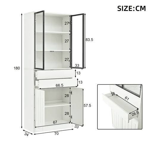 Vitrine de painel de partículas com 4 portas,2 gavetas e luz led,branco Vitrine de painel de partículas com 4 portas,2 gavetas e luz led,branco