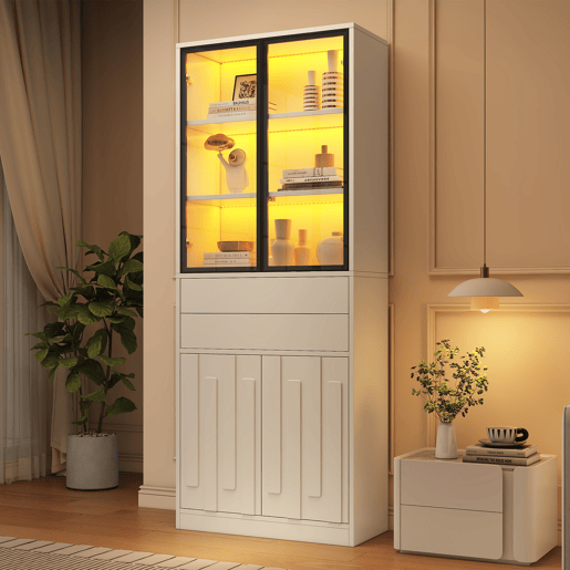 Vitrine de painel de partículas com 4 portas,2 gavetas e luz led,branco Vitrine de painel de partículas com 4 portas,2 gavetas e luz led,branco