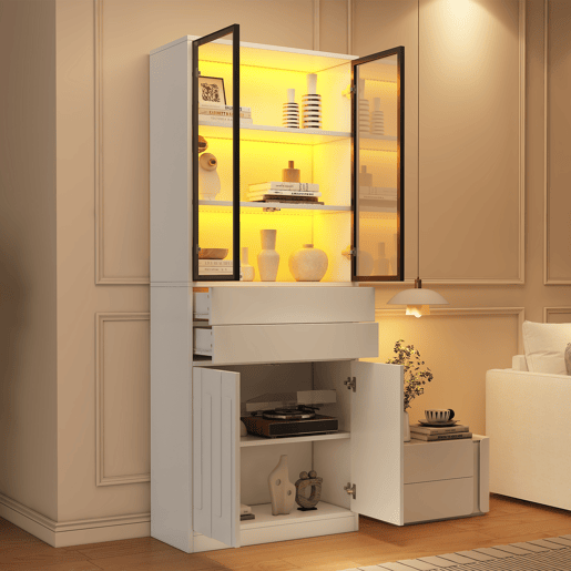 Vitrine de painel de partículas com 4 portas,2 gavetas e luz led,branco Vitrine de painel de partículas com 4 portas,2 gavetas e luz led,branco