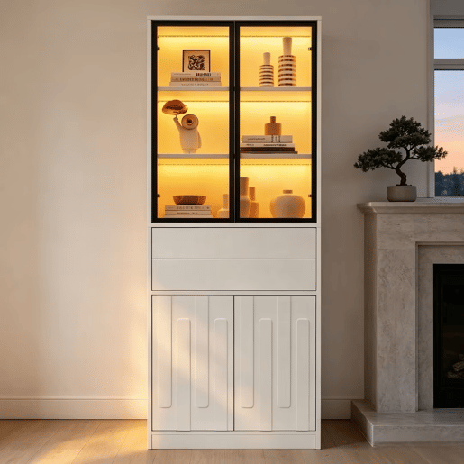 Vitrine de painel de partículas com 4 portas,2 gavetas e luz led,branco Vitrine de painel de partículas com 4 portas,2 gavetas e luz led,branco