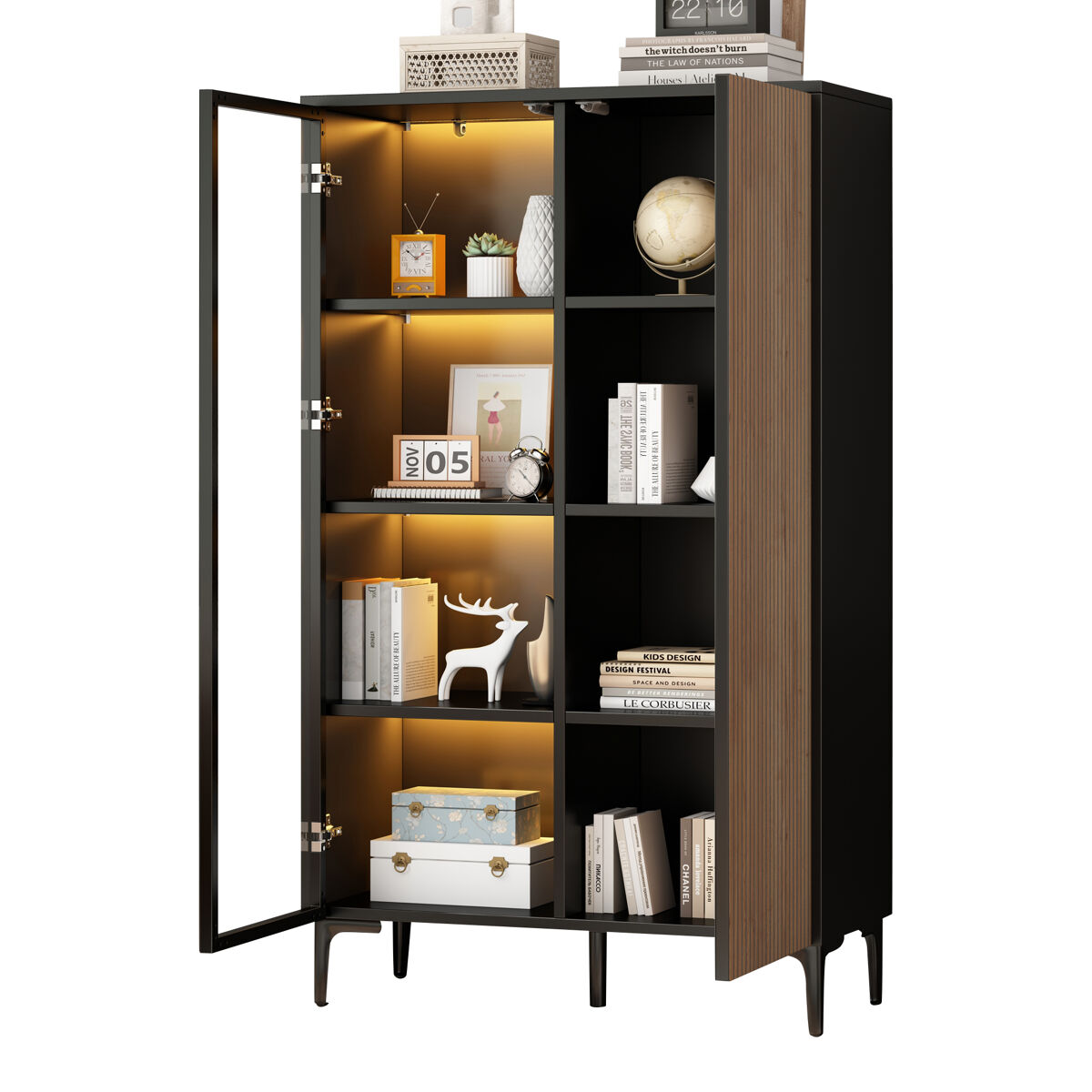 Vitrina de mdf con 2 puertas y luz led,negro+madera