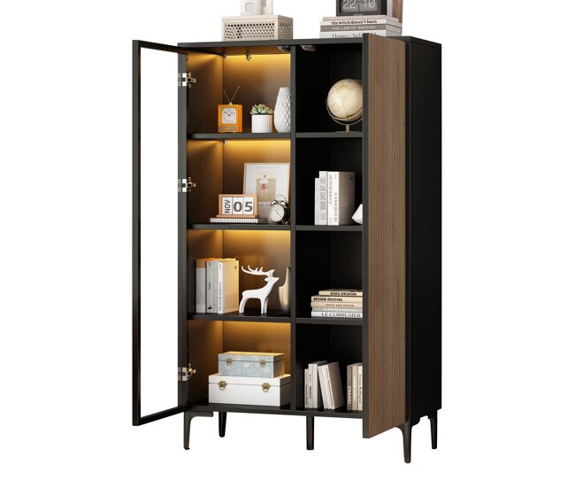 Vitrina de mdf con 2 puertas y luz led,negro+madera