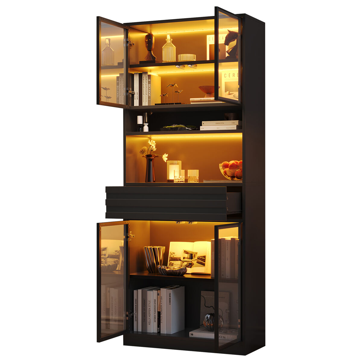 Vitrina de mdf con 4 puertas,1 cajón y luz led,negro