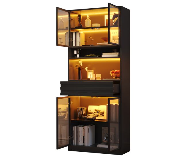 Vitrina de mdf con 4 puertas,1 cajón y luz led,negro