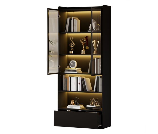 Vitrina de mdf con 2 puertas,1 cajón y luz led,negro