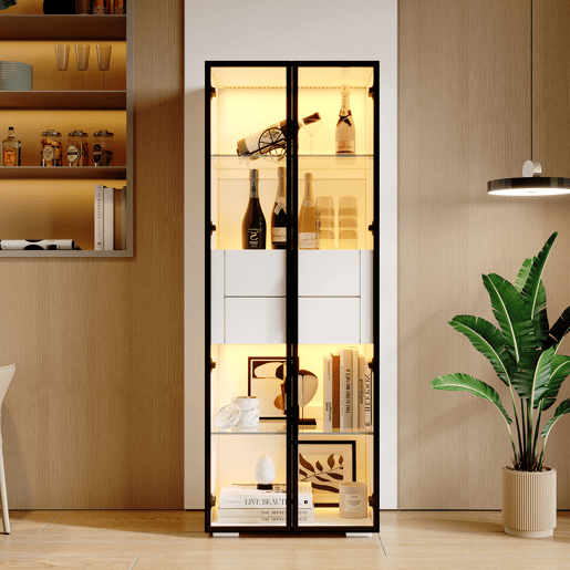 Vitrine de mdf com 2 portas,2 gavetas e luz led,branco Vitrine de mdf com 2 portas,2 gavetas e luz led,branco