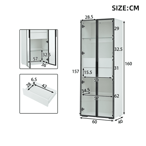 Vitrine de mdf com 2 portas,2 gavetas e luz led,branco Vitrine de mdf com 2 portas,2 gavetas e luz led,branco