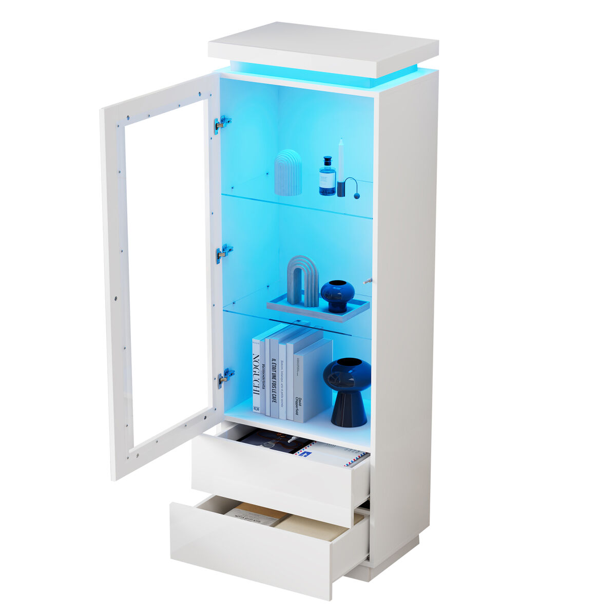 Vitrina de panel de partículas con 1 puerta,2 cajones y luz led,blanco