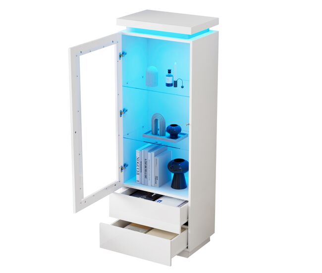 Vitrina de panel de partículas con 1 puerta,2 cajones y luz led,blanco