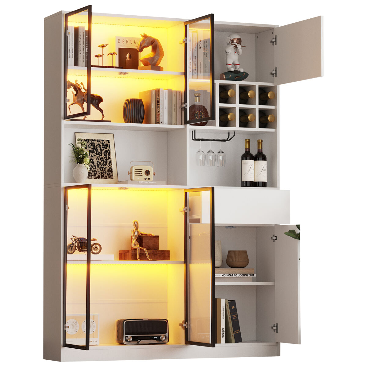 Vitrina de panel de partículas con 7 puertas,1 cajón y luz led,blanco