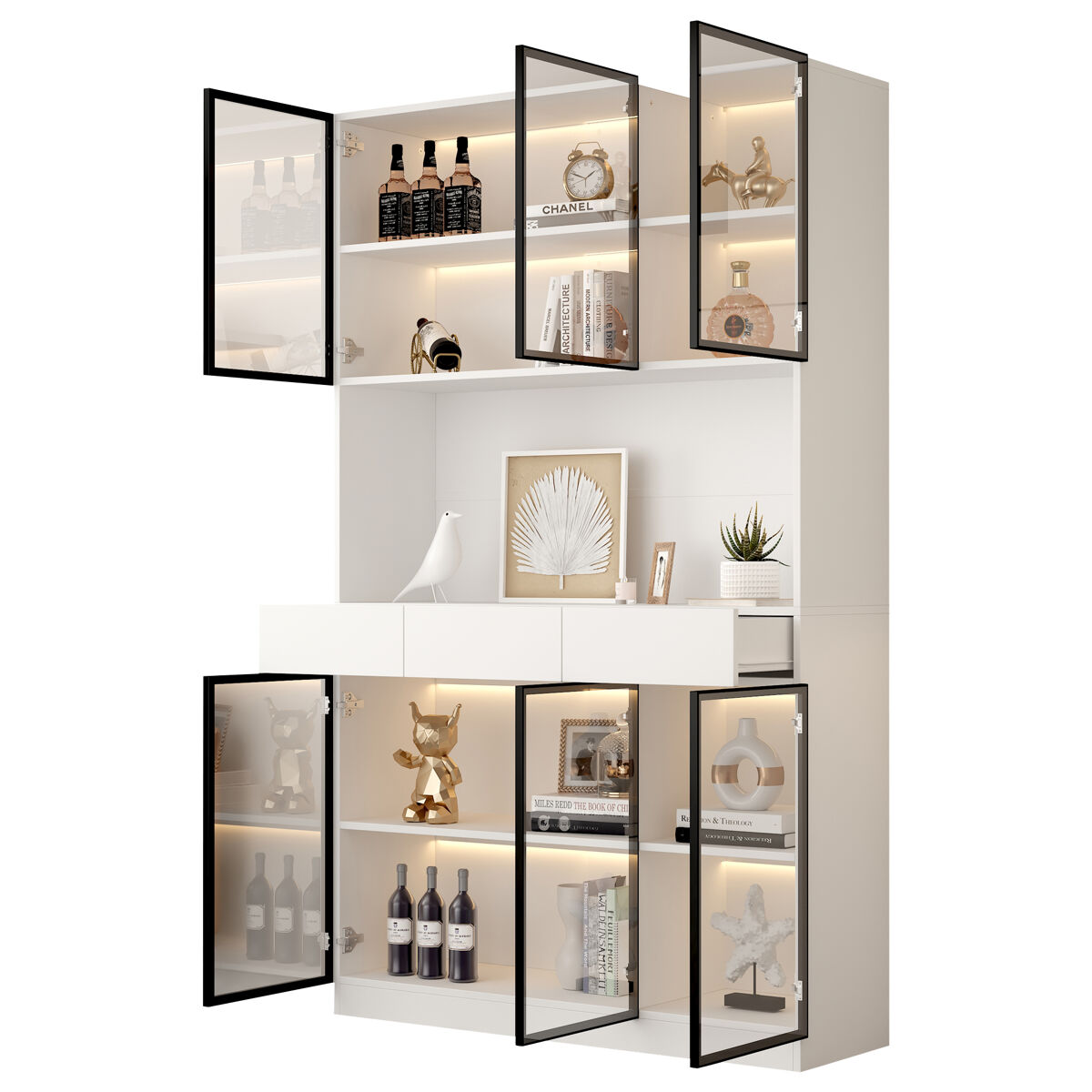 Vitrina de panel de partículas con 6 puertas y luz led,blanco