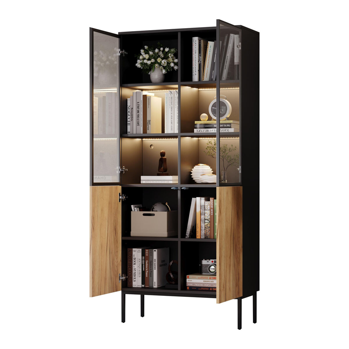 Vitrina de panel de partículas con 4 puertas y luz led,negro+madera