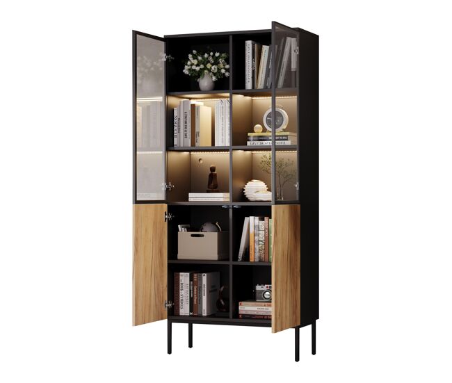 Vitrina de panel de partículas con 4 puertas y luz led,negro+madera
