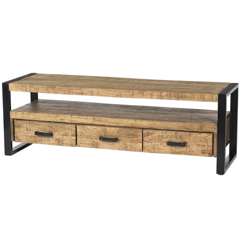 mueble tv con 3 cajones l150 cm madera maciza de mango y metal