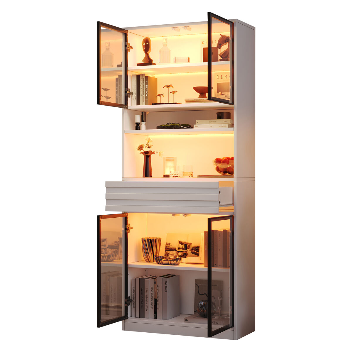 Vitrina de mdf con 4 puertas,1 cajón y luz led,blanco