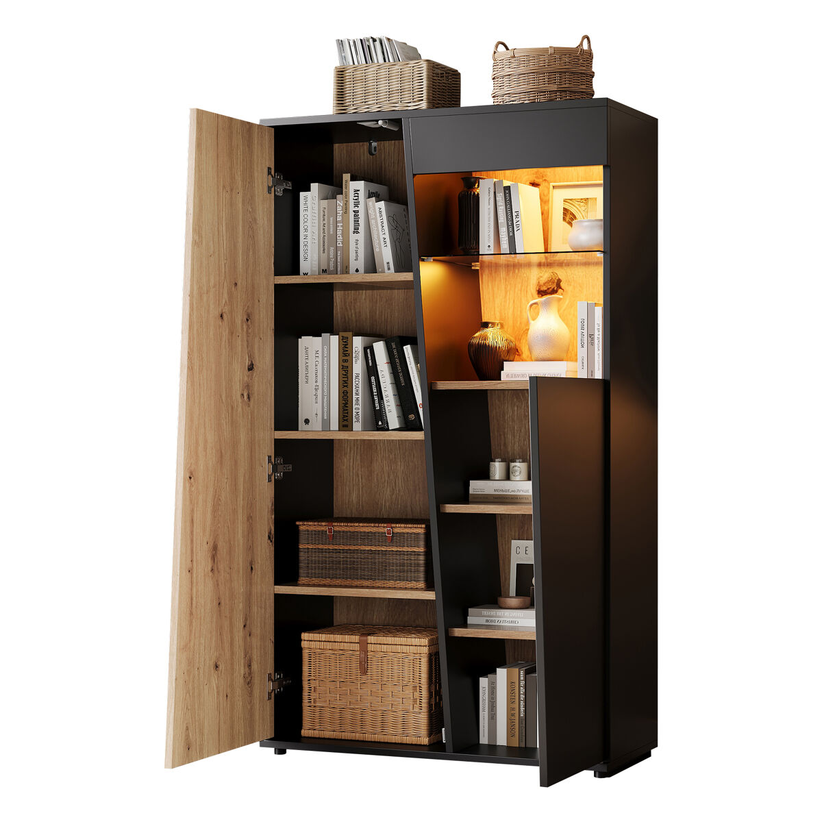 Vitrina de mdf con 2 puertas y luz led,negro+madera