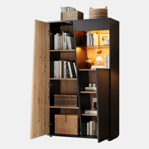 Vitrine de mdf com 2 portas e luz led,preto+madeira