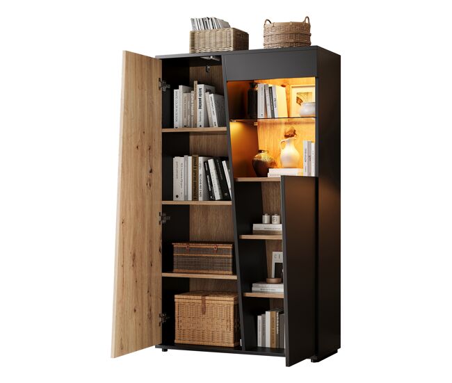 Vitrina de mdf con 2 puertas y luz led,negro+madera