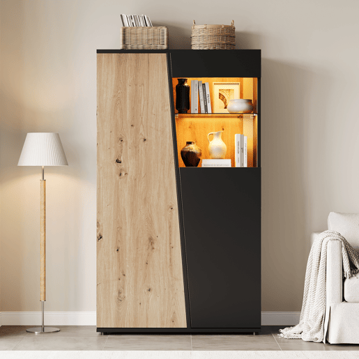 Vitrine de mdf com 2 portas e luz led,preto+madeira Vitrine de mdf com 2 portas e luz led,preto+madeira