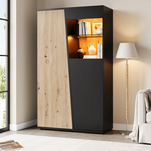 Vitrine de mdf com 2 portas e luz led,preto+madeira Vitrine de mdf com 2 portas e luz led,preto+madeira