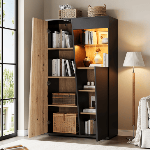 Vitrine de mdf com 2 portas e luz led,preto+madeira Vitrine de mdf com 2 portas e luz led,preto+madeira