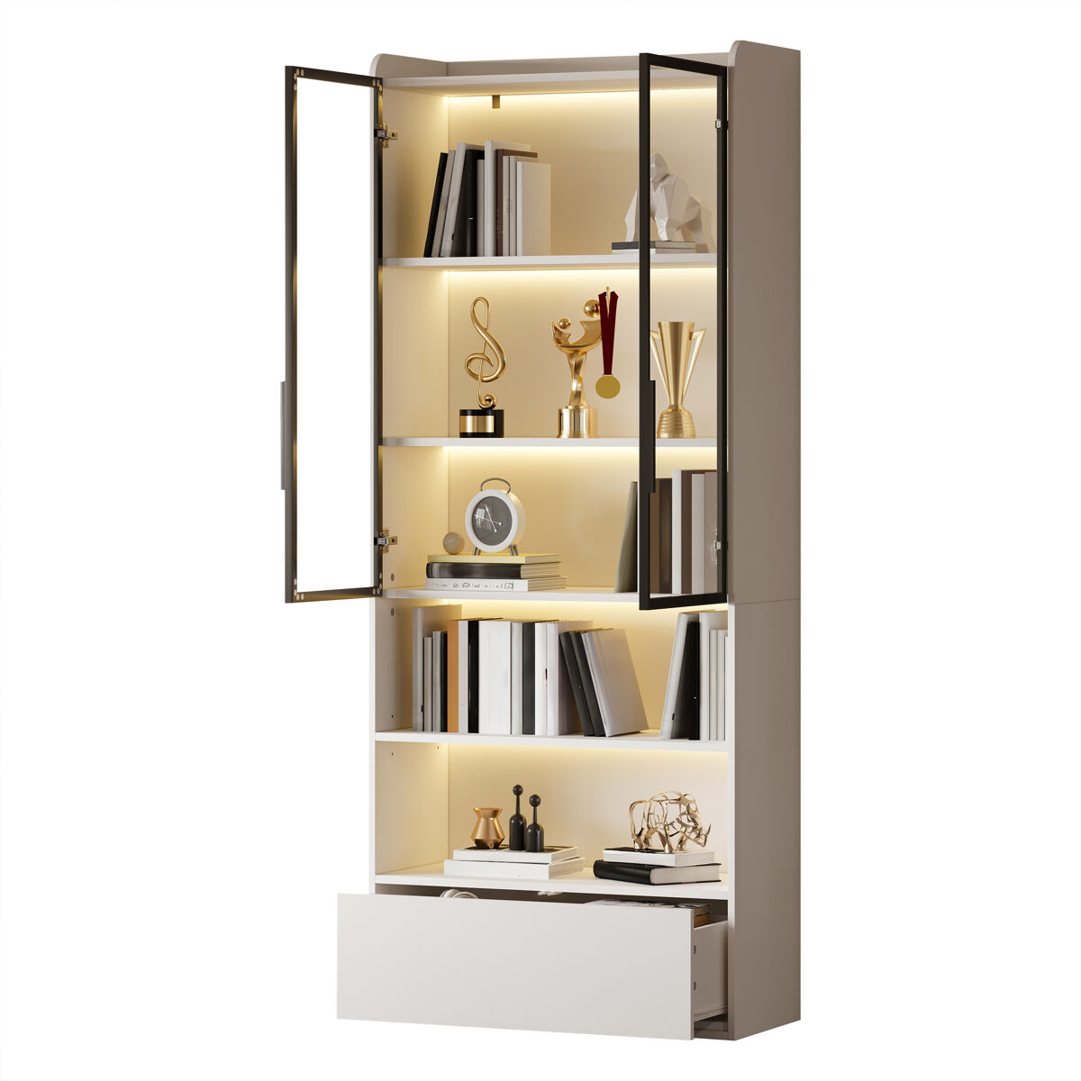 Vitrina de mdf con 2 puertas,1 cajón y luz led,blanco