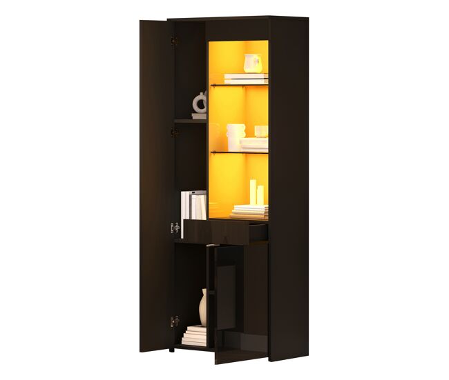 Vitrina de panel de partículas con 2 puertas,1 cajón y luz led,negro