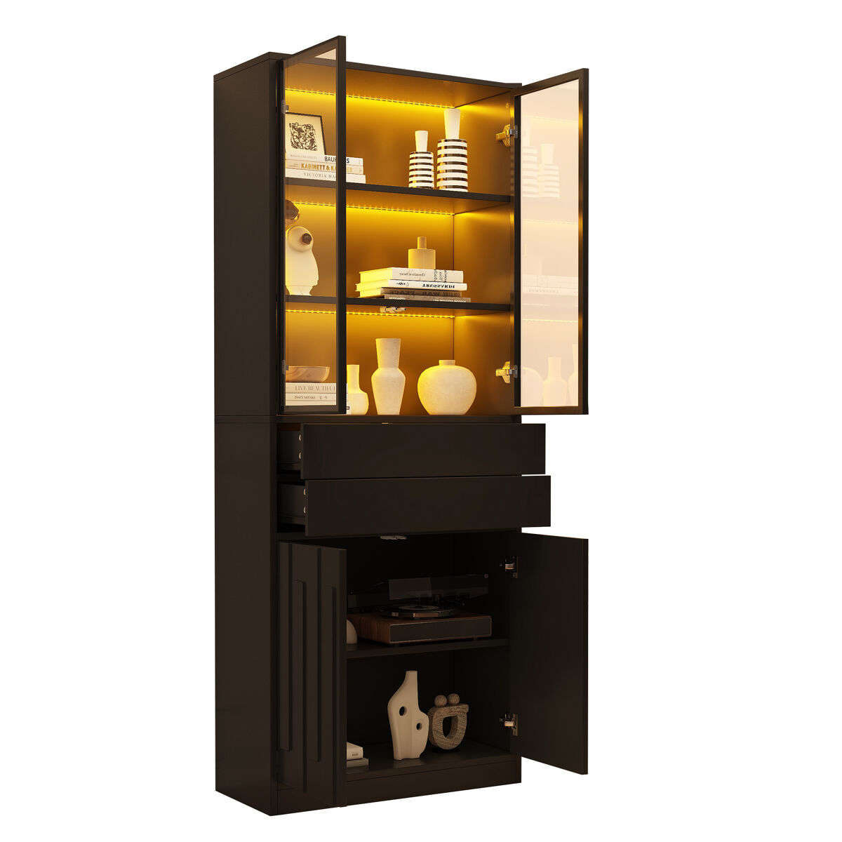 Vitrina de panel de partículas con 4 puertas,2 cajones y luz led,negro