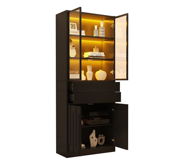Vitrina de panel de partículas con 4 puertas,2 cajones y luz led,negro