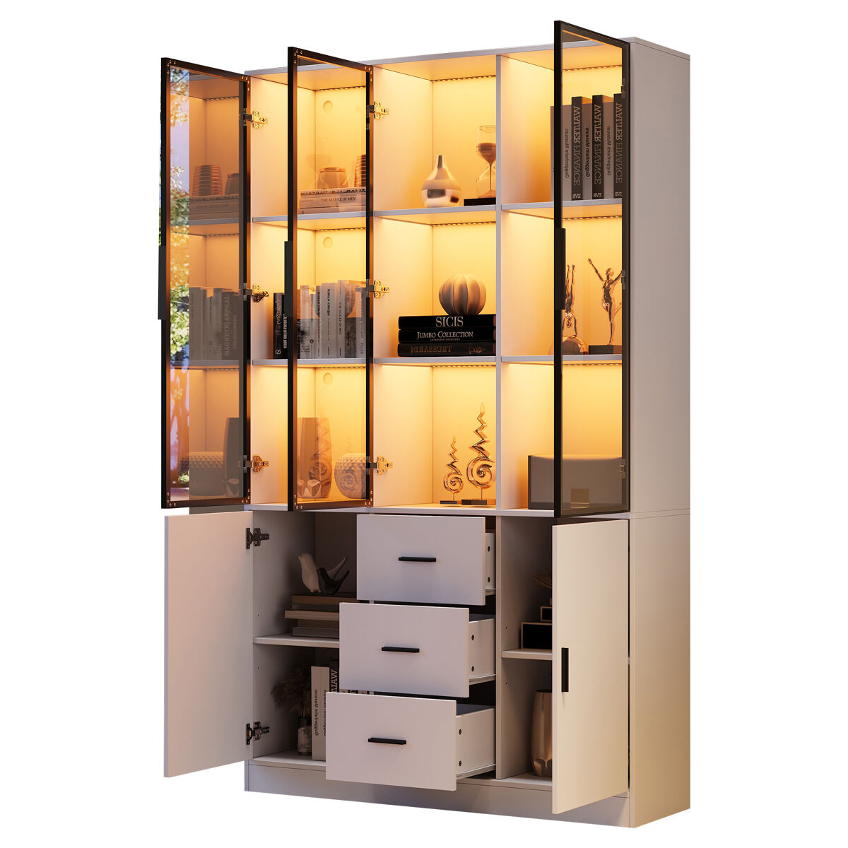 Vitrina de panel de partículas con 5 puertas,3 cajones y luz led,blanco