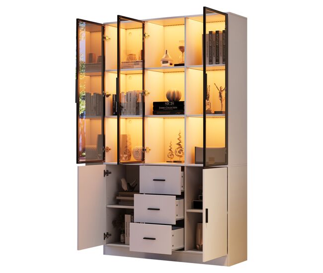 Vitrina de panel de partículas con 5 puertas,3 cajones y luz led,blanco