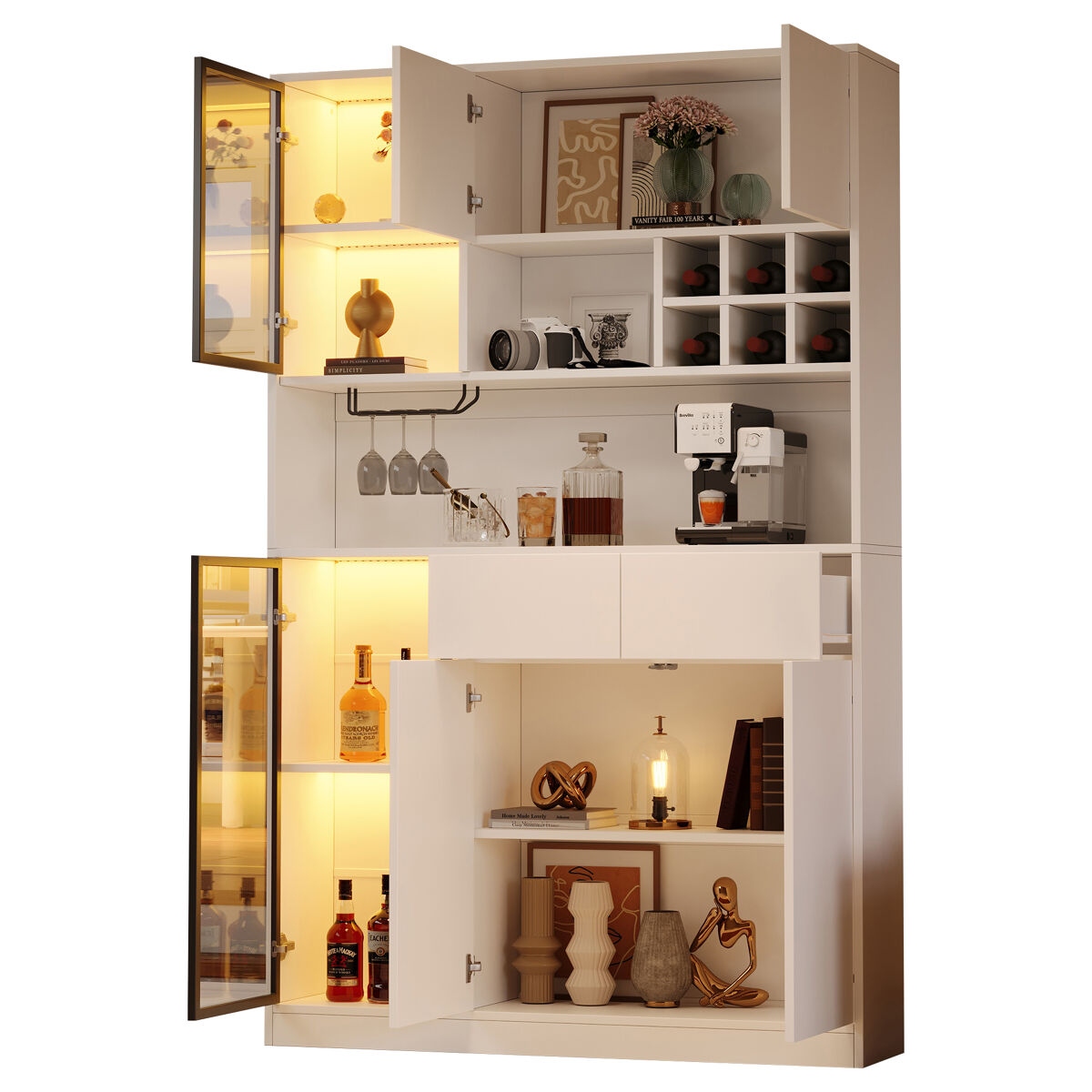 Vitrina de panel de partículas con 6 puertas,2 cajones y luz led,blanco